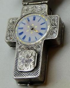 Amazing antique pierced&engraved Cross shaped Watch with pill box.Chain&Key.RARE
