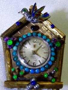Unique antique Festina 18k gold,enamel,turquoise&pearls cuckoo clock brooch