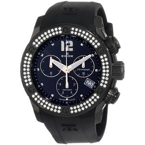 Edox Womens 10403 37ND NIN Class 1 Black Ion-Plating Chronograph Diamond Watch