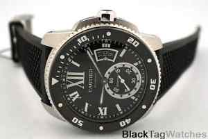 Calibre de Cartier Esfera Negra Automático Cerámica Engaste Reloj Acero W7100056