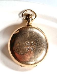 VINTAGE WALTHAM 14K YELLOW GOLD 4-LF CLOVER LADIES POCKET WATCH W/DIAMONDS