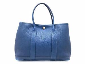 Auth Hermes Clemence Leather Garden Party TPM Handbag  Blue De Prusse