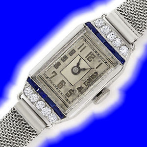 Original Artdeco 18K Damenuhr mit Diamanten und Safiren - JUWELENMARKT DE, U2292