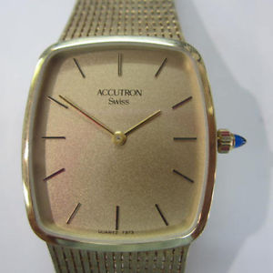 ACCUTRON SWISS MEN'S WATCH QUARTZ ALL 14K SOLID GOLD CASE & BAND ORIGINAL 25S03