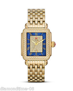 NEW AUTHENTIC MICHELE DECO DIAMOND GOLD-TONE BLUE PAVE DIAL  WOMEN'S WATCH