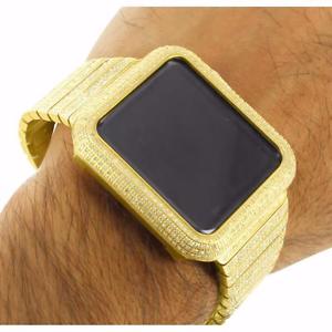 6.5 Ct 42MM Apple Watch Stainless Steel Band Iced Out 14k Yellow Gold Finish