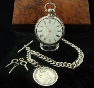 Men's 1830 Sterling Chain Driven Verge Fusee Pocket Watch w/ Chain - SERVICED