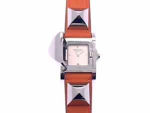 Auth Hermes Stainless Steel/Chevre Leather Medor Watch Silver/Orange