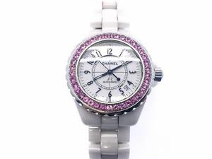 Auth Chanel Ceramics/Pink Sapphire J12 Watch White/Pink