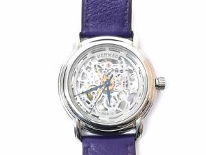 Auth Hermes Chevre Leather Stainless Steel H Watch Ultraviolet