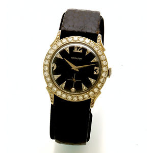 14K White-Gold Diamond Black Dial, Bezel & Lugs Hamilton Wrist Watch CA1960s