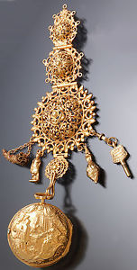Repousse Gilt Verge Fusee Pocket Watch With Chatelaine & Diamond Pusher With Key