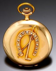 Rose Gold Swiss Pocket Watch with Diamond Horse Shoe Case Victorian Antique 1890
