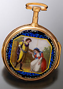 Antique Gilt Verge Fusee Enamel Case Fancy Painted Dial Pocket Watch with Keys