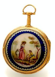 Antique Gilt Verge Fusee Enamel Pocket Watch With Hand Painted Dial CA1790