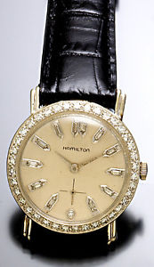 Luxery Dress 14K Gold Hamilton Watch with Diamond Dial & Case CA1950