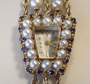 Extravagant Solid 14K Yellow Gold Swiss Watch - Estate Pearls & Sapphires