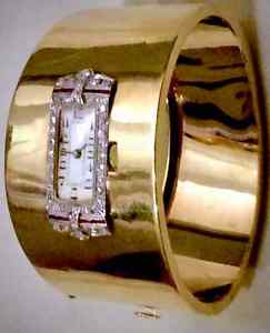 Diamond & Ruby Deco Watch custom mounted on to 14k Retro Hinged Cuff Bracelet