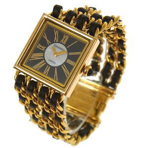 Auth CHANEL CC Mademoiselle Watch Wristwatch Leather 18K Ladies Vintage RG00020