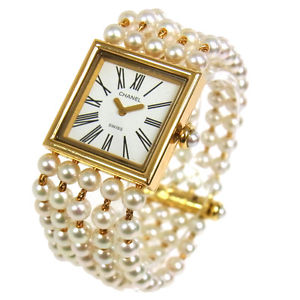 Authentic CHANEL CC Logos Pearl Mademoiselle Watch Wristwatch18K Ladies RG00009