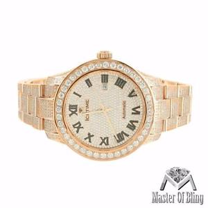 Mens Rose Gold On Stainless Steel Roman Date Dial Oyster Band Icetime 11CT Watch