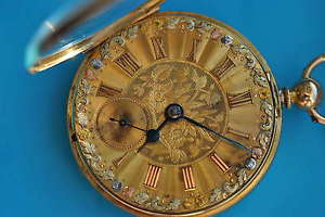 goldene Taschenuhr mit floralem 3 farbigem Gold Zifferblatt aus England