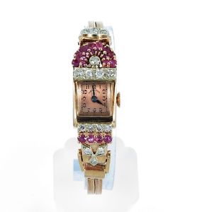 VINTAGE HAMILTON WATCH 14K ROSE GOLD WITH RUBIES & DIAMONDS MANUAL WIND 1940'S