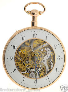 ÜBERGROSSE SKELETTIERTE SPINDELTSCHENUHR 18KT 1/4  REPETITON & PRUNKWERK CA.1820