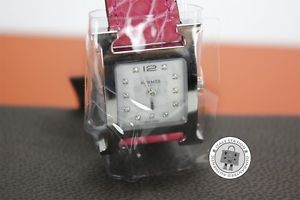 Auth New Hermes H Hour Heure H Diamond PM Rose Shocking Crocodile Watch RT$3750+