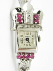 Vintage Canoe 14k Solid White Gold Diamond & Ruby Art Deco Ladies Estate Watch