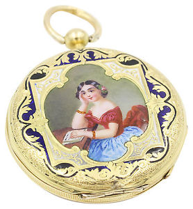 Ladies 18k Yellow Gold Vintage Enamel Dial Pocket Watch