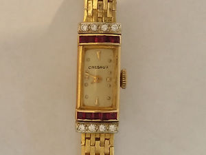 14k Solid Gold Cresaux Diamond & Ruby Art Deco Ladies Wrist Watch - 01230