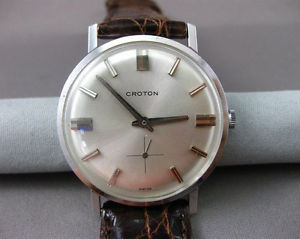 ANTIQUE 18KT WHITE GOLD CROTON SWISS MOVEMENT CROCODILE BAND MENS WATCH #22400
