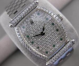 DIAMOND EMERALD 18K W GOLD AUDEMARS PIGUET CARNEGIE WATCH 7.25" BOX PAPERS #2688