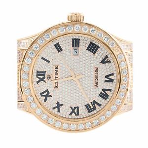 Mens 11 Carat 14k Rose Gold On Stainless Steel Roman Dial Iced President Watch