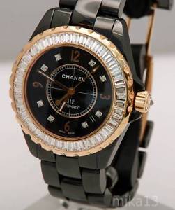 CHANEL J12 BLACK CERAMIC ROSE GOLD WATCH DIAMOND BAUGETTES BEZEL 4.62 CT TW