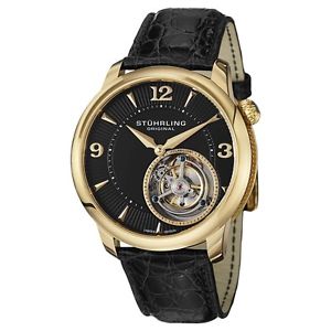 Stuhrling Original 390333X51 Mens Dress Tourbillon Calendar Gold-Tone Leather Wa