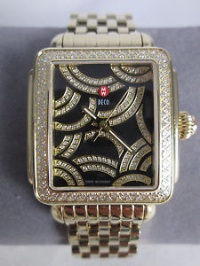 New Michele Art of Deco Diamond Black & Gold Ladies Watch MW06T01B0993 NIB Box