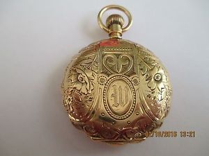 Vintage small pocket watch Hugo Beil Elgin Lawrence Mass 14K Gold 24038 1891