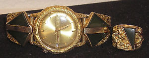 Bulova Accutron gold nugget and jade men's watch and ring - stretch band, size12
