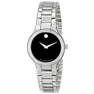 Movado Womens 0606385 Serio Stainless-Steel and Diamond Black Round Dial Watch