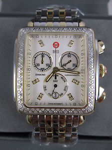 NEW Michele XL Deco Diamond Bezel Two Tone Gold Silver Watch MWW06Z000013 NIB