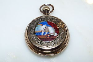 ART DECO 18KT YELLOW GOLD ENAMEL CAT MOTHER AND CHILD POCKET WATCH PENDANT