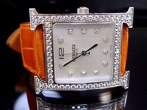 Authentic HERMES H Watch Crocodile Diamonds Shell Mens Orange Excellent K217