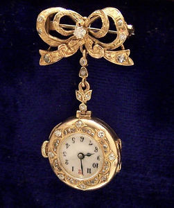 AMAZING ANTIQUE VINTAGE SOLID GOLD & APPROX 2 CARAT DIAMOND BROOCH WATCH C 1900