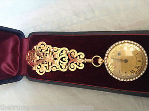 Old19c Seed Pearl Set French 18k Gold Verge Pocket Watch, Gold Mount, and box