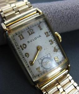 ANTIQUE 14KT YELLOW GOLD BULOVA RECTANGULAR WHITE FACE MEN'S WATCH 7.5"  #1160
