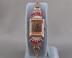 ANTIQUE 1.72CTW OLD MINE CUT DIAMOND RUBY 14K ROSE GOLD LIWACO WATCH 7.00" #1925