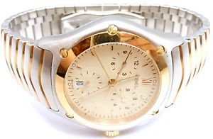 AUTHENTIC EBEL 18k YELLOW GOLD STAINLESS STEEL CLASSIC WAVE MENS WATCH E1251F41