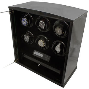 6 Slot Watch Winder Programmable LCD Digital Black Laquer
